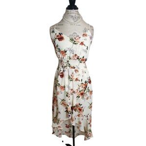 Boho Floral Print Cami Dress L Split Thigh Crossback Cascading Ruffles Midi